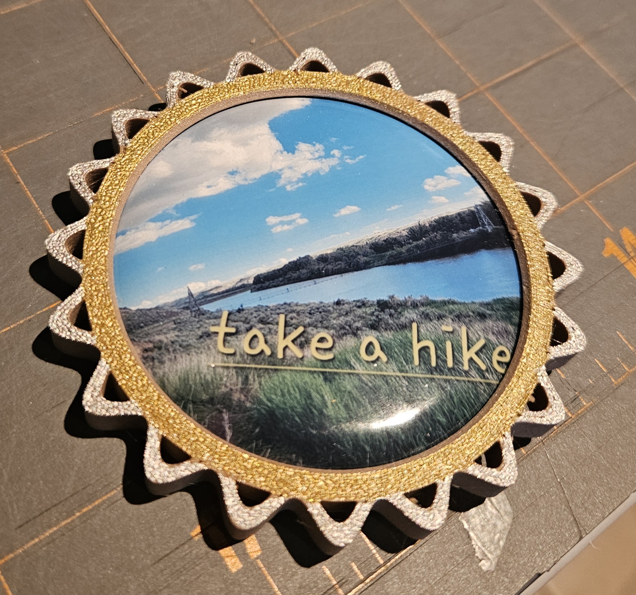Take a Hike Button Art — landscape photo button with gold scalloped border
